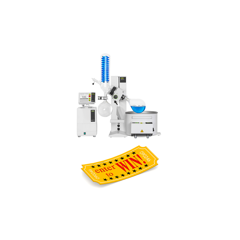 Buchi Rotavapor® R-100 , Vacuum Pump V-100 and Interface I-100. Image of a prize draw ticket that reads: Enter to win.